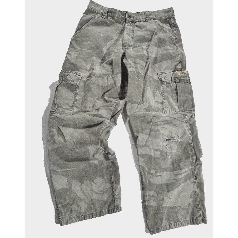 Wrangler Cargo Camo Pants Men 32x29 Grey Green Mid-Rise Hunting Airsoft Skate